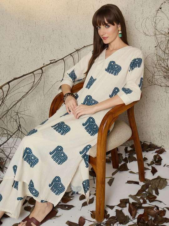 Women's Cotton Elephant printed flared kurti with V-neckline and side pockets paired with Matching PalAMzo Pant (Off White)