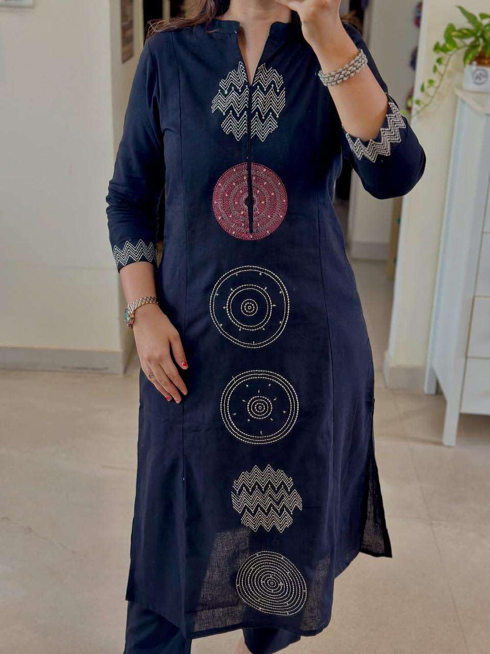 Women's Cotton Embroidered Straight Kurti With Pant And Dupatta Set