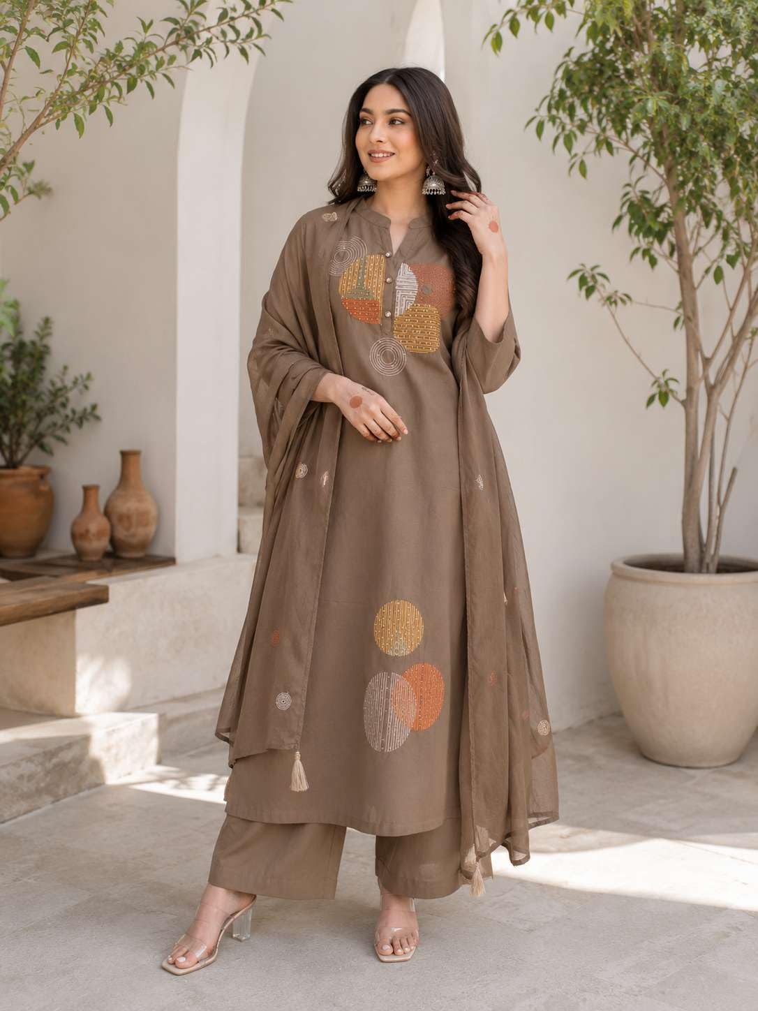 Women's Cotton Embroidery Straight Kurti Pant With Dupatta Set