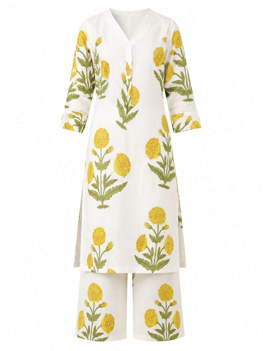 Women's Cotton  Floral Printed Straight  kurti with Pant (Off White)