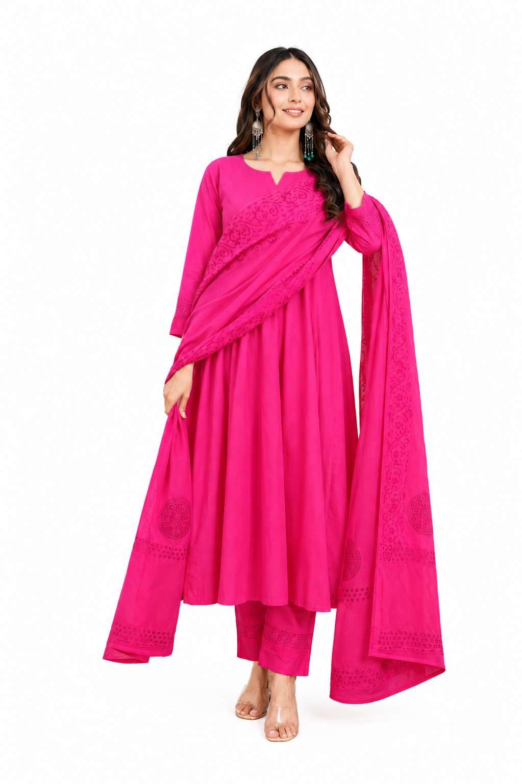 Women's Cotton Embroidery Handblock Floral Kurti Pant With Dupatta Set