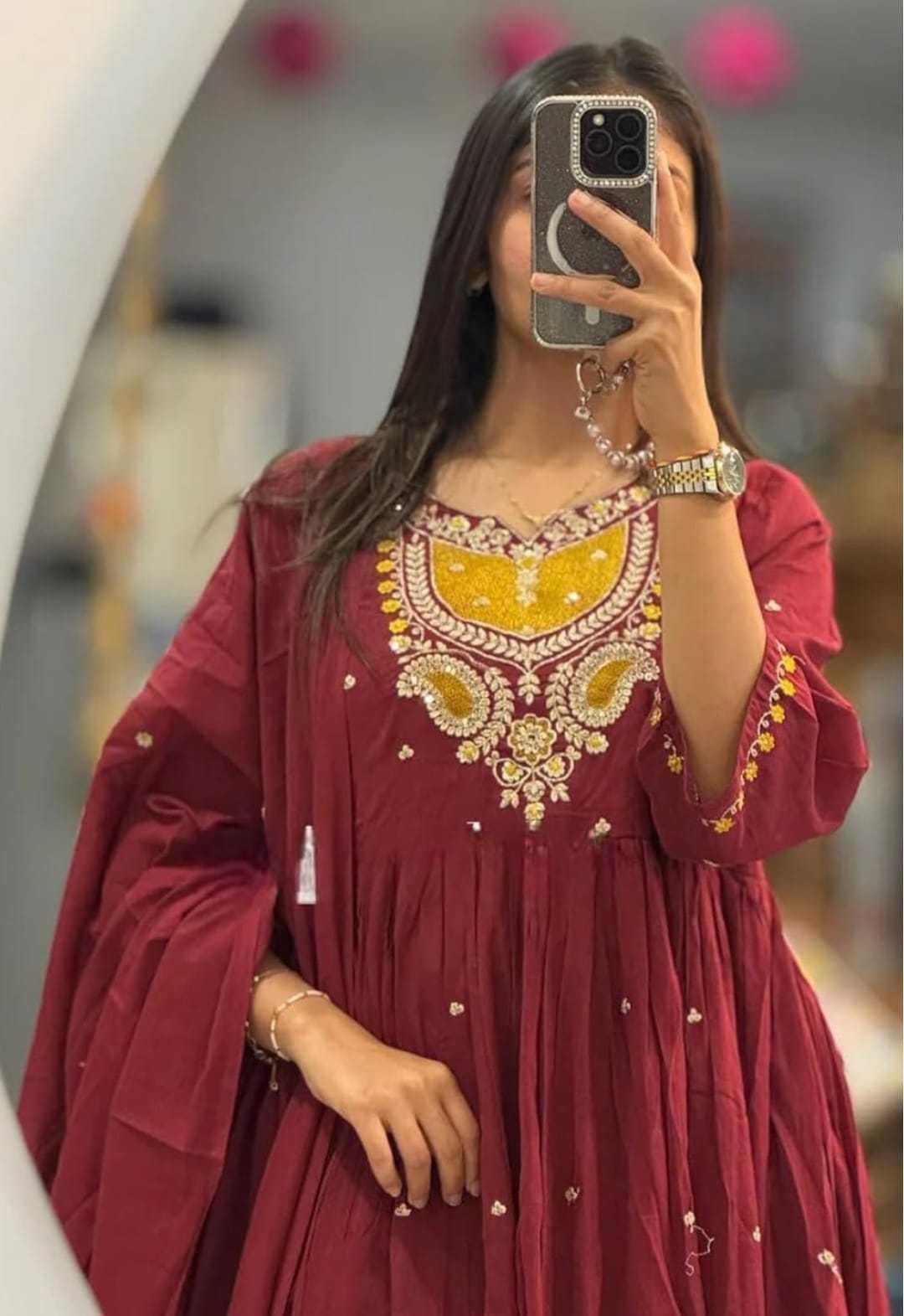 Women's Cotton Embroidered Anarkali Salwar Suit Set with Dupatta Set
