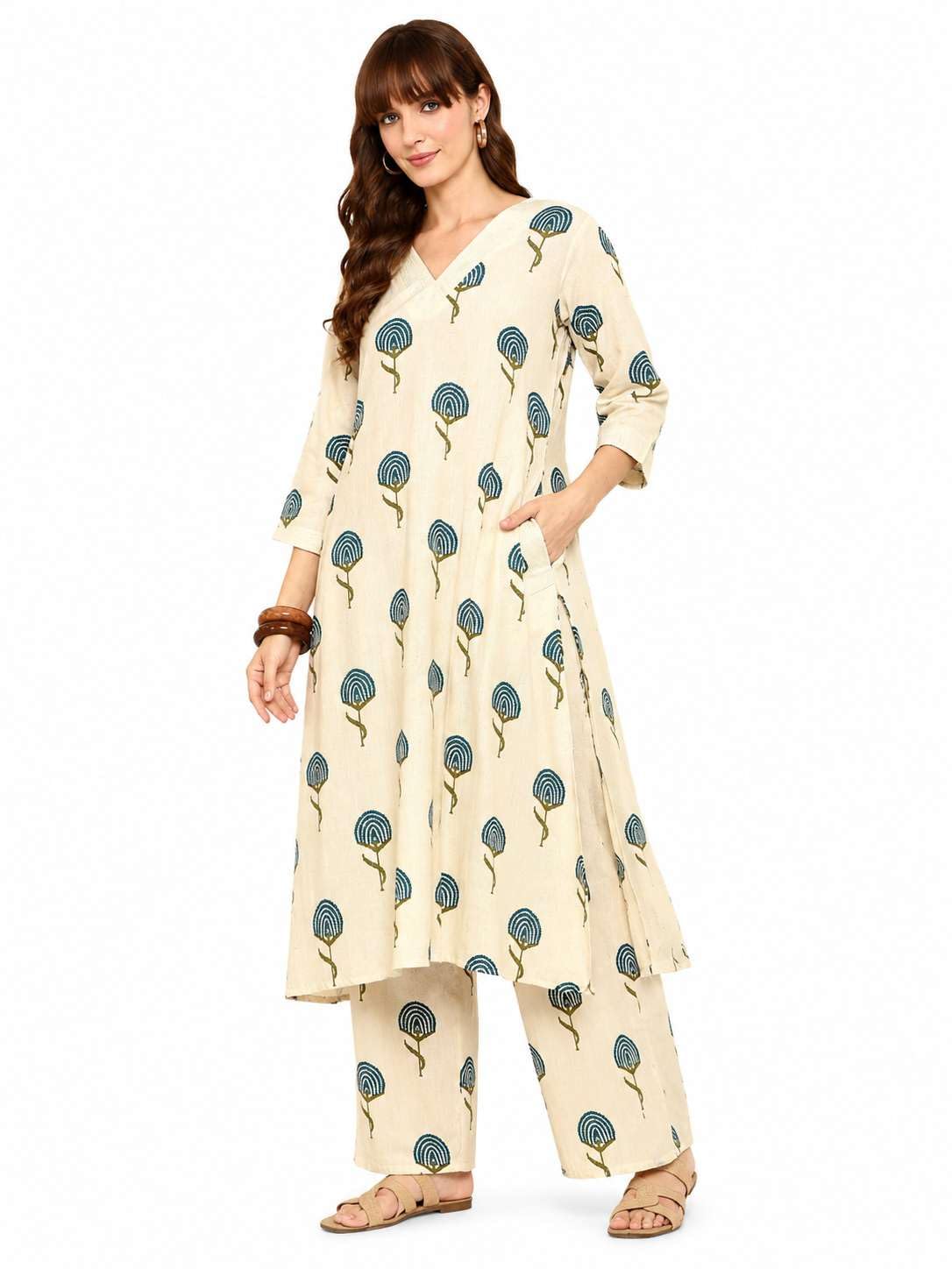 Women's Cotton  Printed flared kurti with V-neckline and side pockets paired with Matching PalAMzo Pant (Beige)