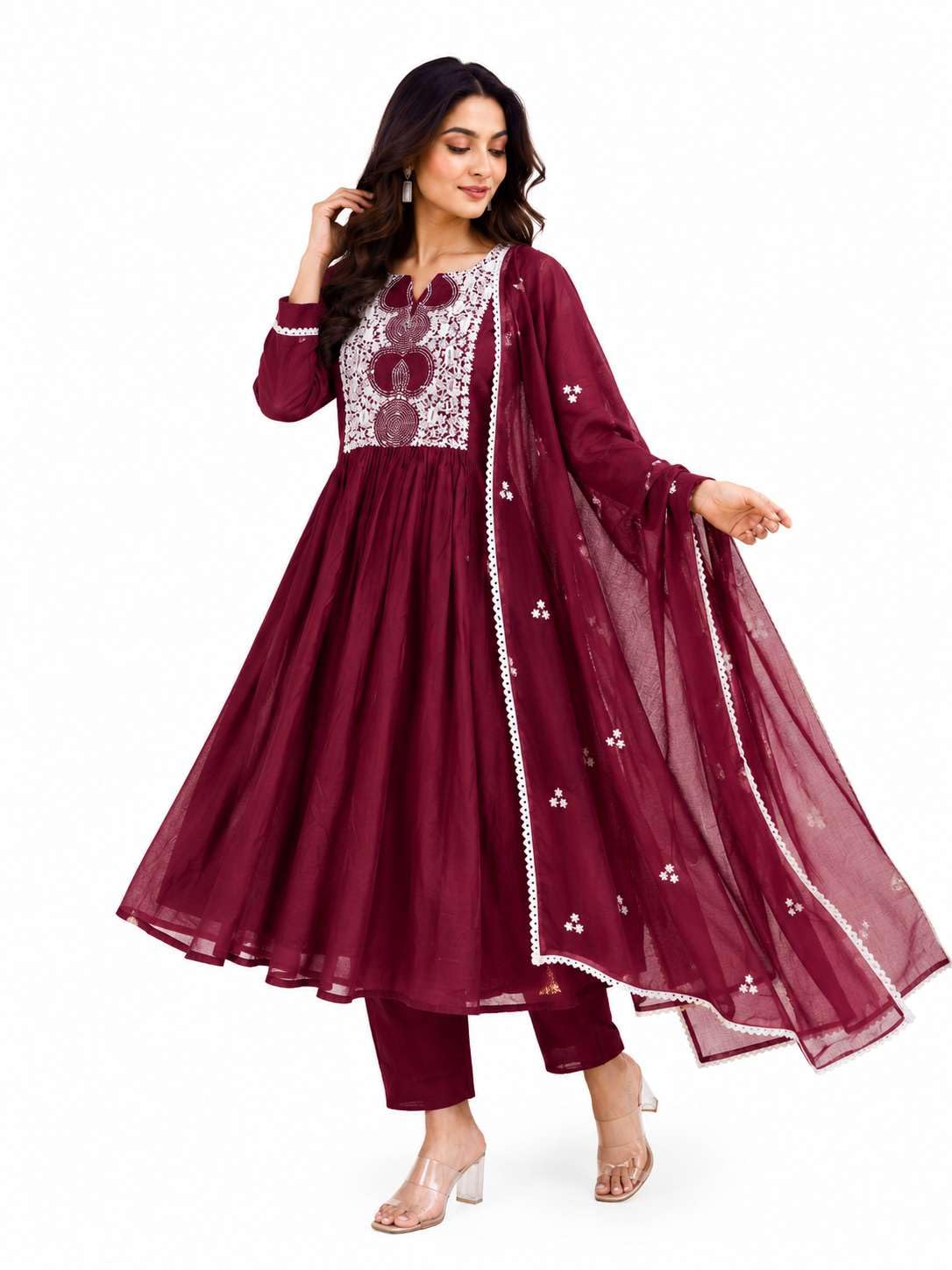 Women's Cotton Printed Anarkali Kurti With Pant and Mulmul Dupatta Set
