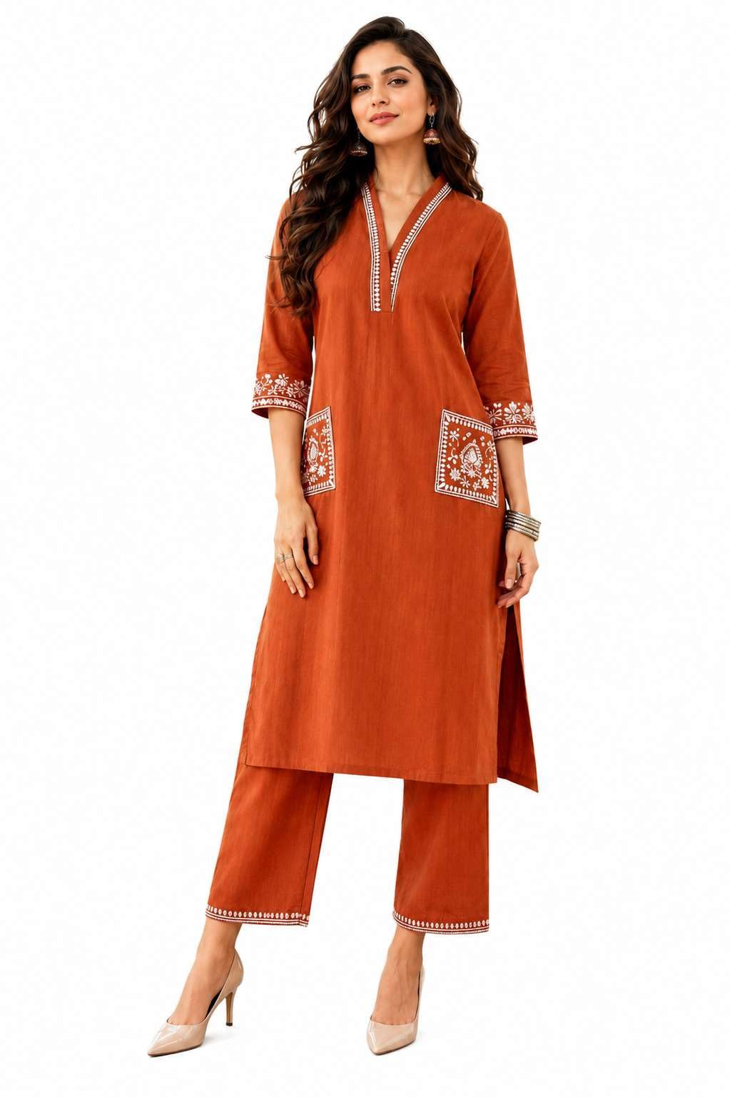 Women's Cotton Embroidery Straight Kurti With Pant Set