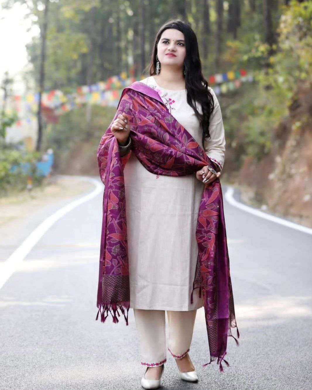 Women's Cotton Floral Printed Straight Kurti with Pant and Dupatta Set