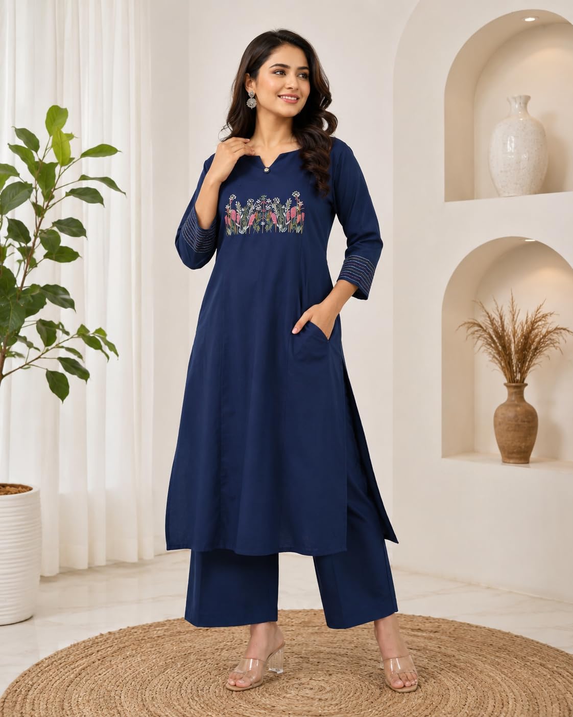 Women's Cotton Embroidered Straight Kurti With Pant Set