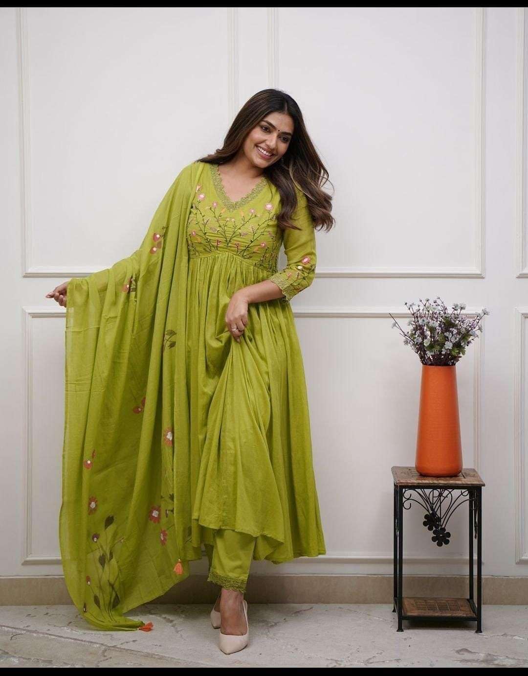 Women's Cotton Embroidered Long Anarkali Kurti with pant and Dupatta Set