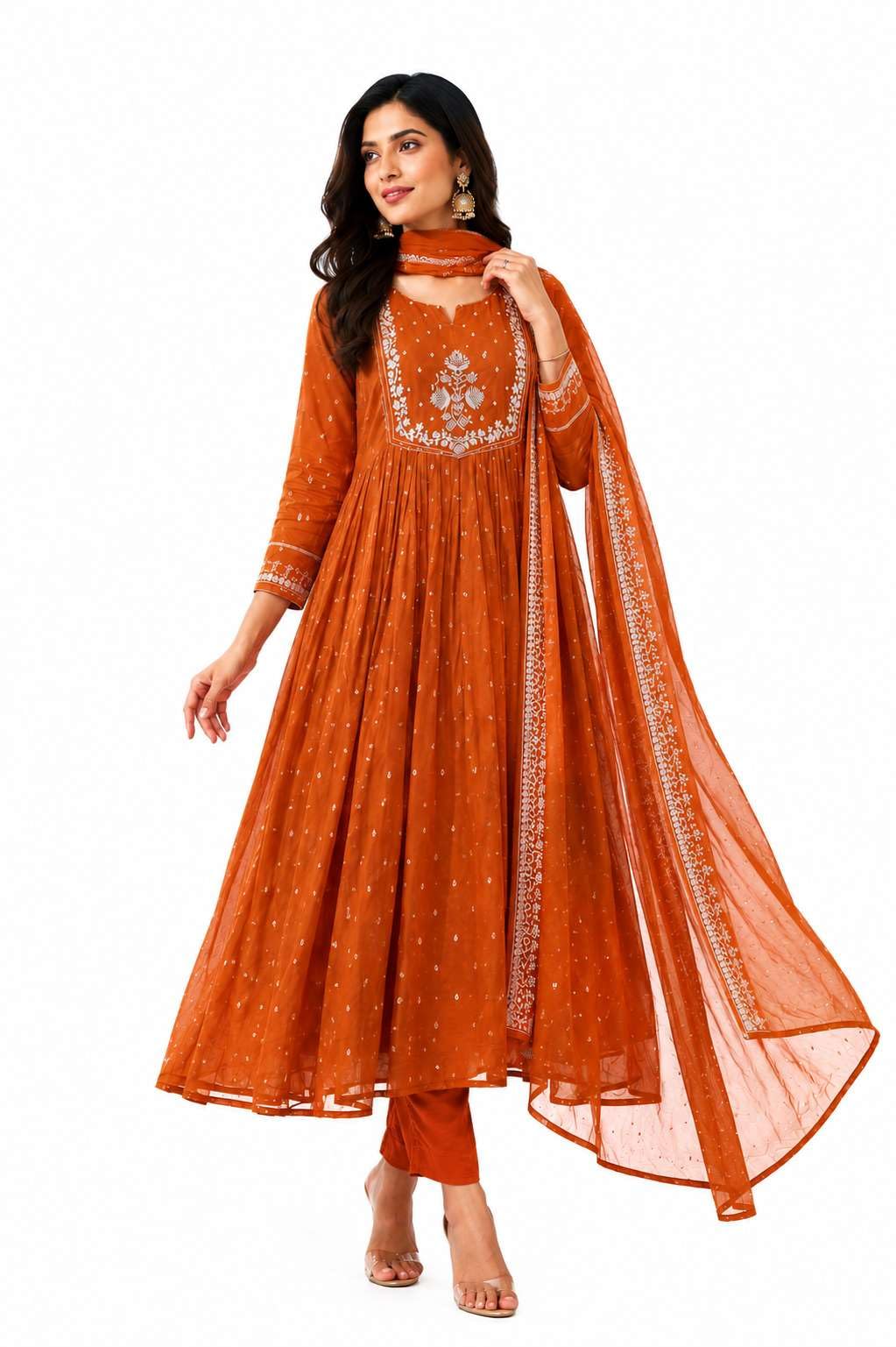 Women's Cotton Embroidery Anarkali Kurti and Pant with Dupatta Set