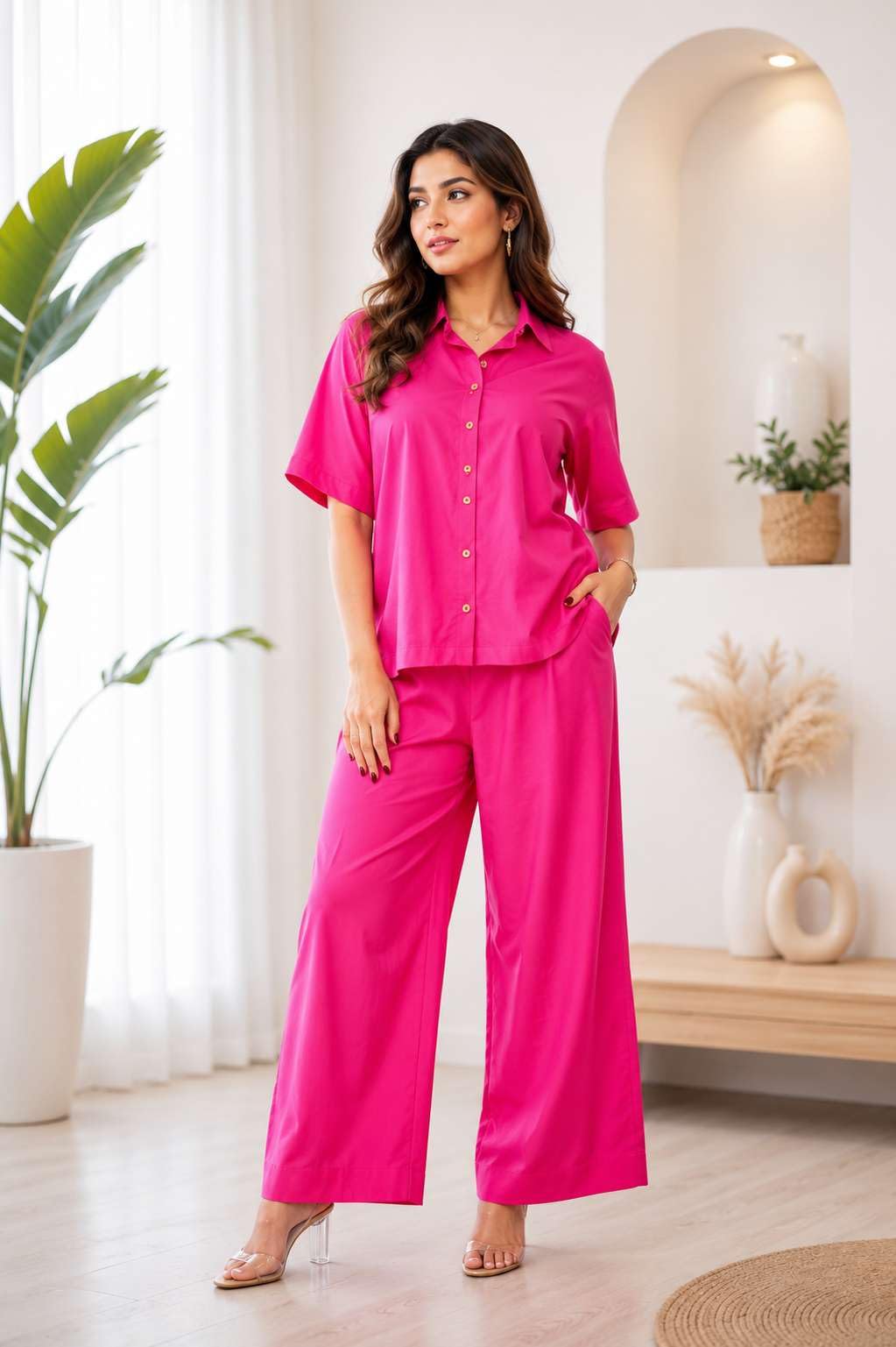 Women's Cotton Plain Straight Short Kurti With Pant Set