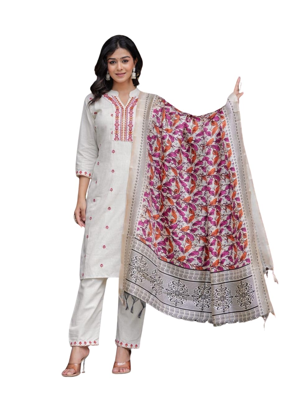 Women's Cotton Embroidered Straight Kurti With Pant and Dupatta Set
