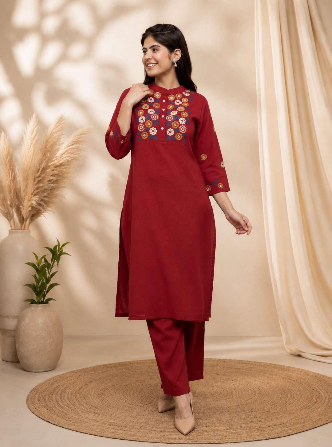 Women's Cotton floral Embroidery mandarin collar Straight Kurti With Pant