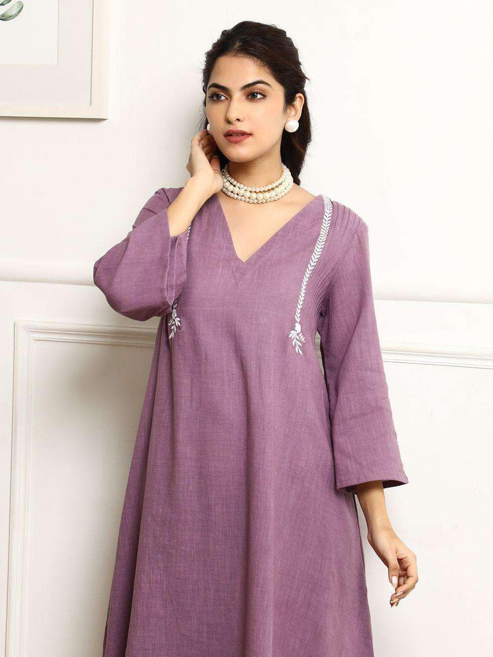 Women's Cotton Embroidered Straight Kurta & Pant With Dupatta Set (Purple)