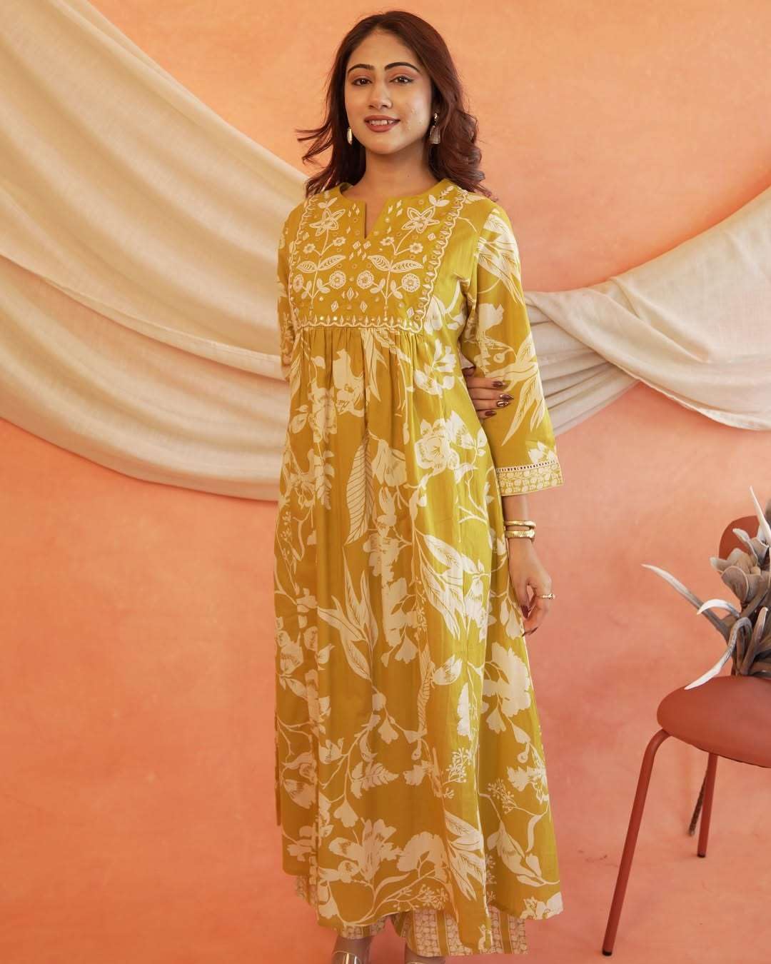 Women's Cotton Printed Anarkali Kurti with Pant and Dupatta Set