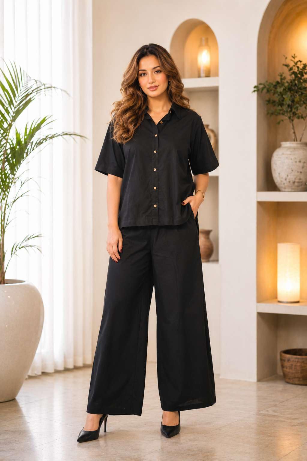 Women's Cotton Plain Straight Short Kurti With Pant Set