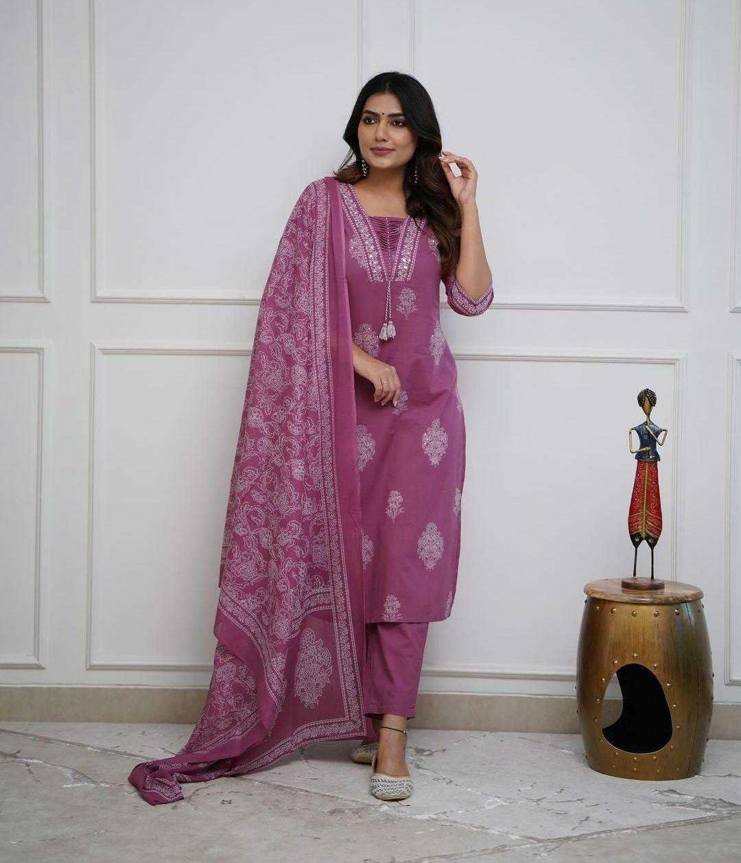 Women's Cotton Printed Straight Kurti with pant and Dupatta Set