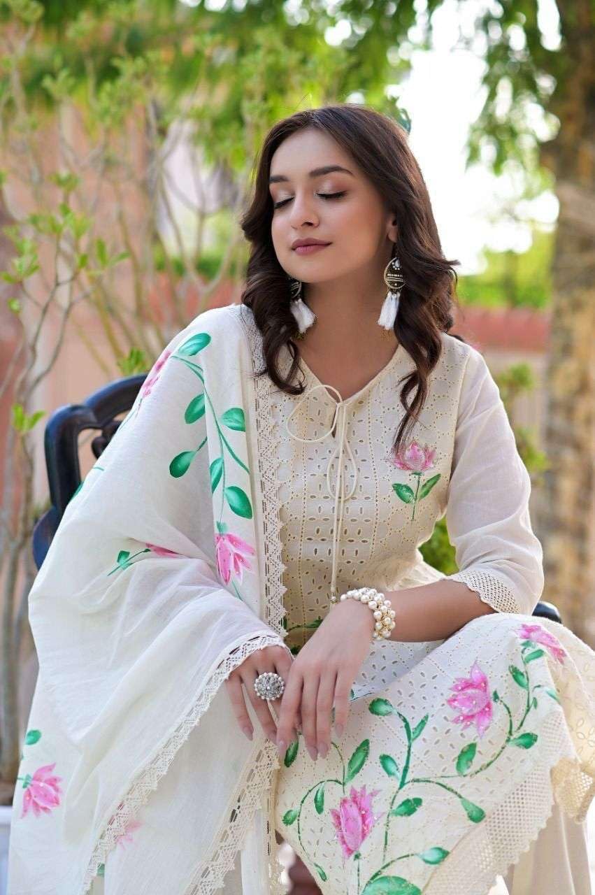 Women's Cotton Hand-Painted Chicken Shifli Straight Kurti With Pant and Mulmul Dupatta Set