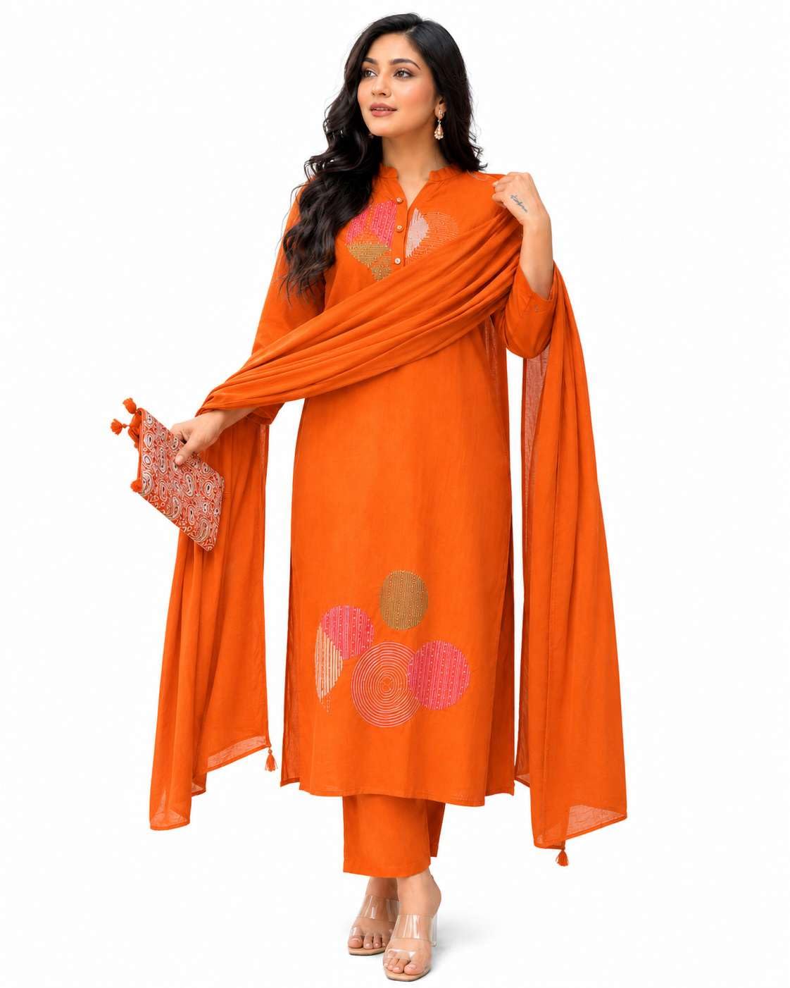 Women's Cotton Embroidery Straight Kurti Pant With Dupatta Set