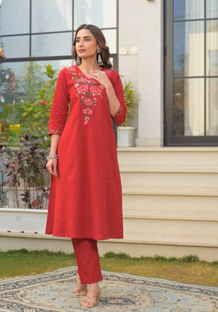 Women's Cotton Floral Embroidered  Straight Kurti With Pant