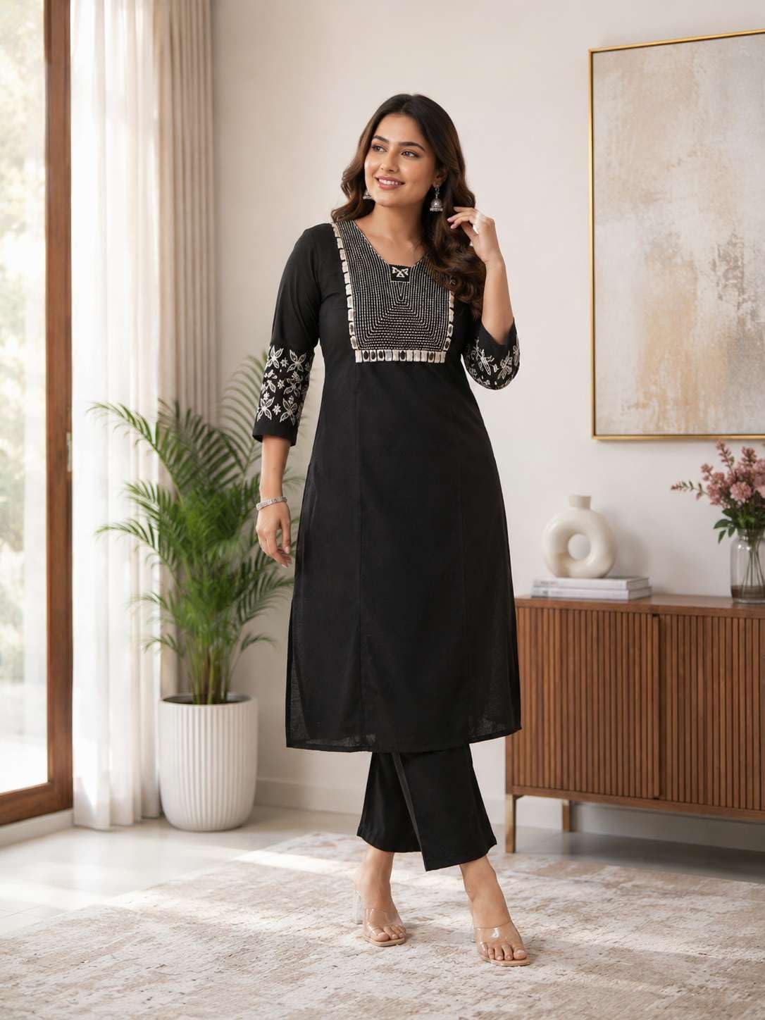 Women's Cotton Embroidery Straight Kurti With Pant Set