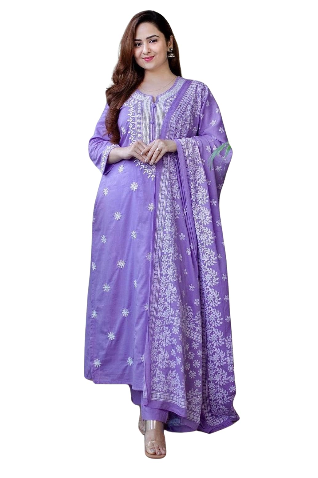 Women’s Cotton Floral Printed Straight Kurti With Pant and Dupatta (Lavender)
