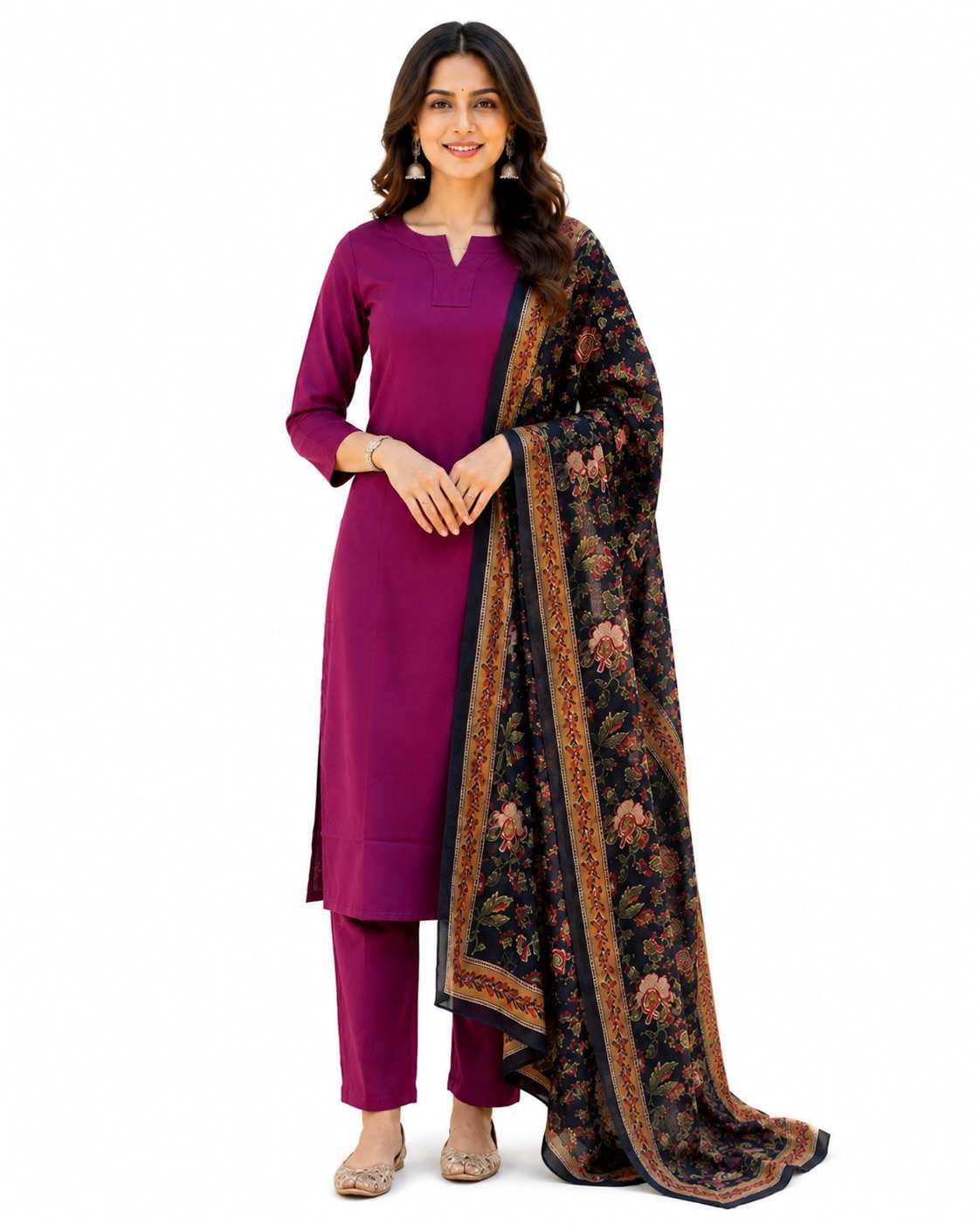 Women's Cotton Solid Straight Kurti With Pant and Dupatta Set
