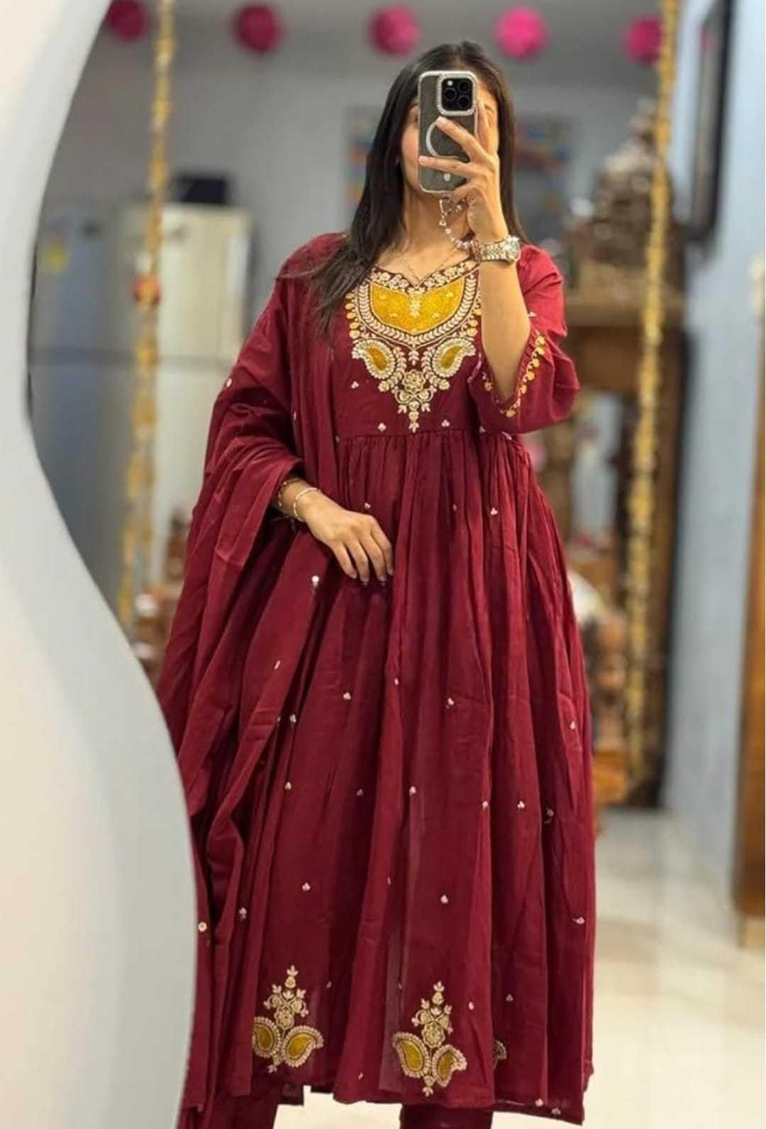 Women's Cotton Embroidered Anarkali Salwar Suit Set with Dupatta Set