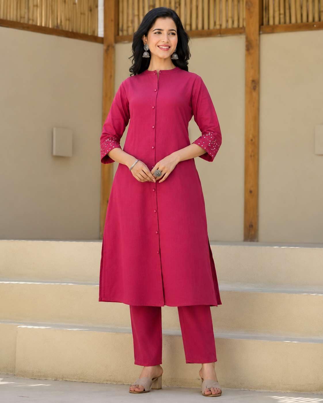 Women's Cotton Solid Flared Straight kurti with Pant