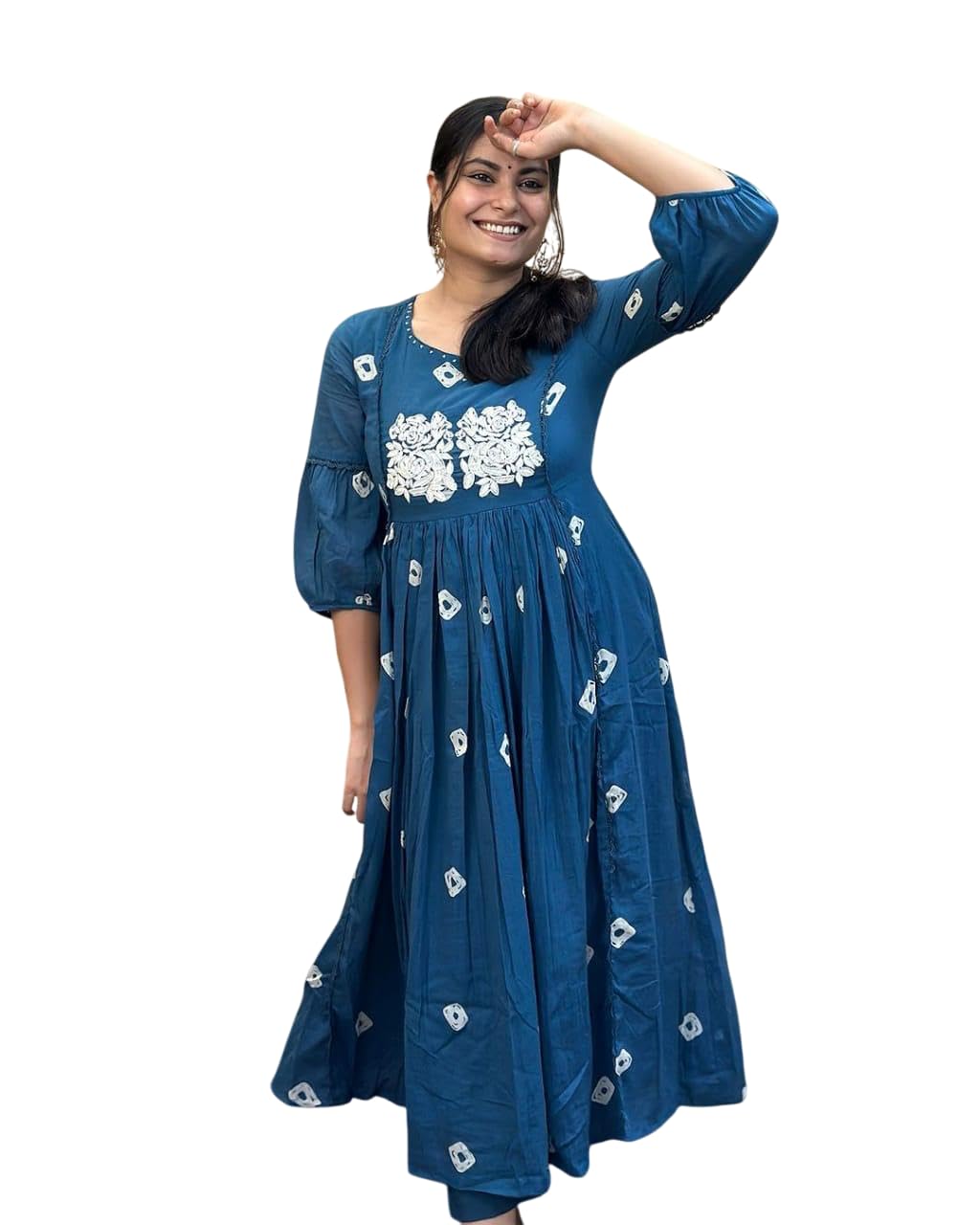 Women's Cotton Printed Long Anarkali Kurti With Pant