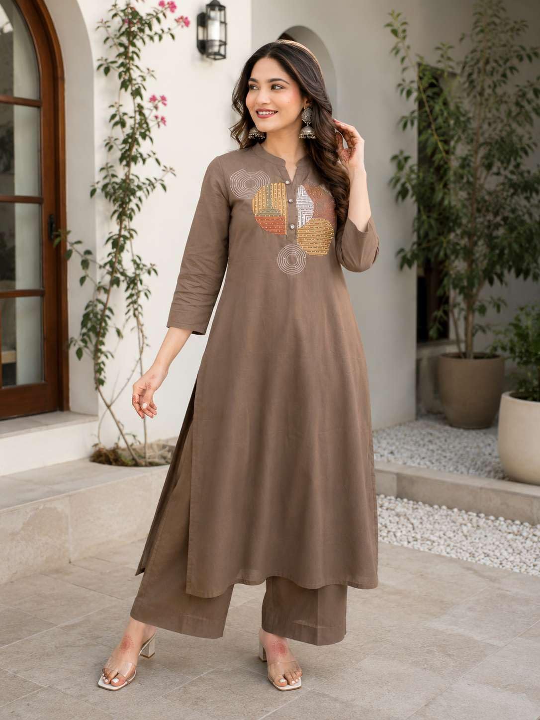 Women's Cotton Embroidery Straight Kurti Pant With Dupatta Set