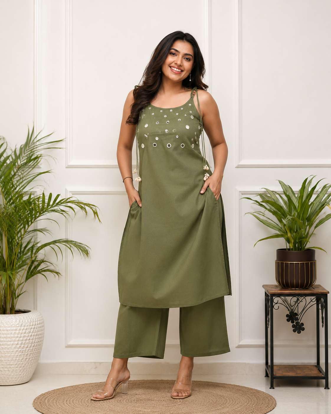 Women's Cotton Embroidery Sleeveless Kurti With Ankle length Pant Set