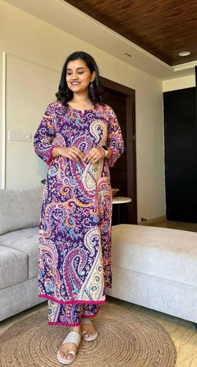 Women's Cotton Printed Straight Kurti with Pant Two Piece Co-ord Set