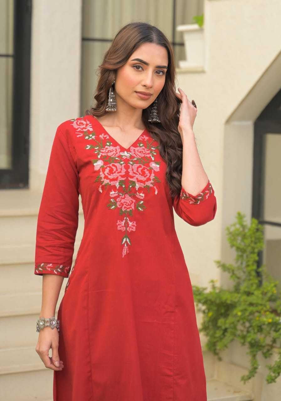 Women's Cotton Floral Embroidered  Straight Kurti With Pant