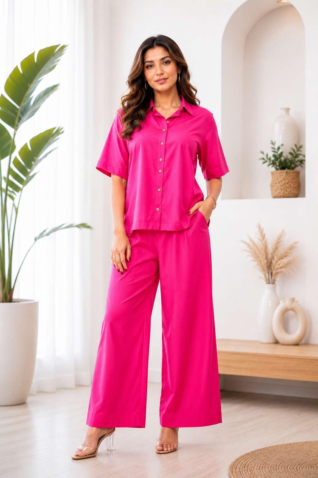 Women's Cotton Plain Straight Short Kurti With Pant Set