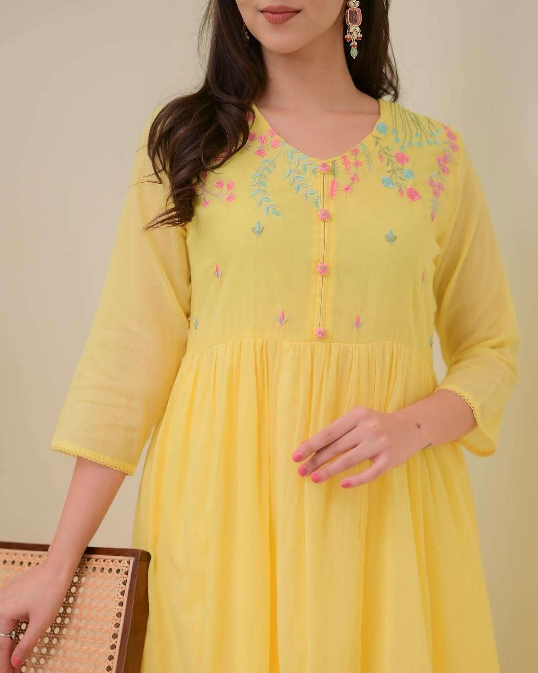 Women's Cotton Embroidered Anarkali Kurti With Pant and Dupatta set