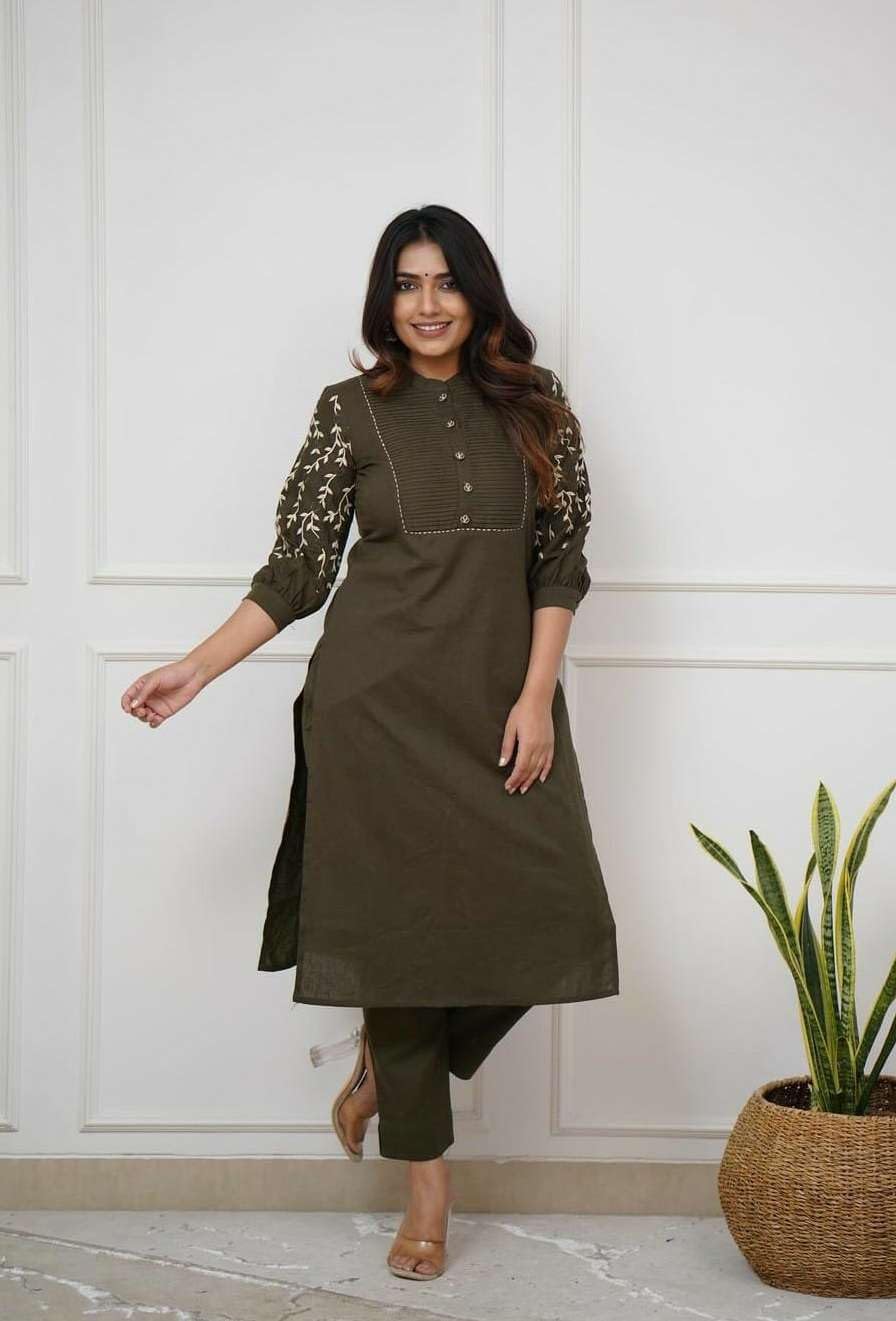 Women's Cotton Delicate Embroidery Straight Fit Kurti With Pant