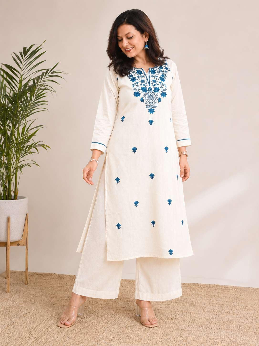Women's Cotton Floral Embroidered  Straight Kurti With Pant -UG-11
