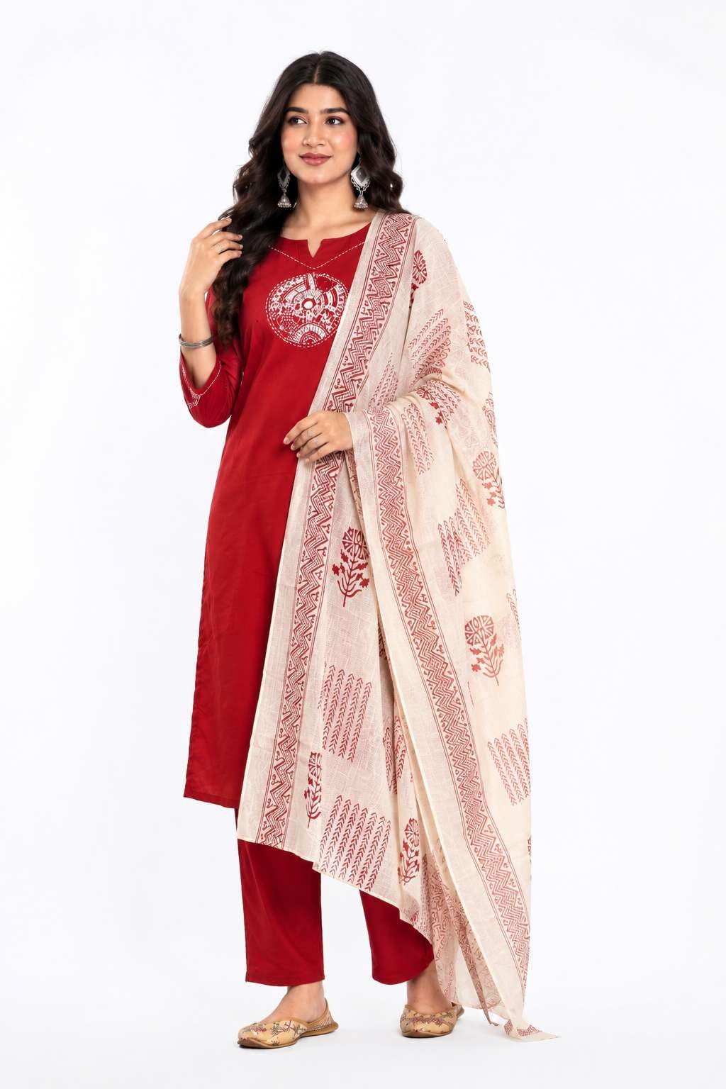 Women's Cotton Embroidery Straight Kurti With Pant Set