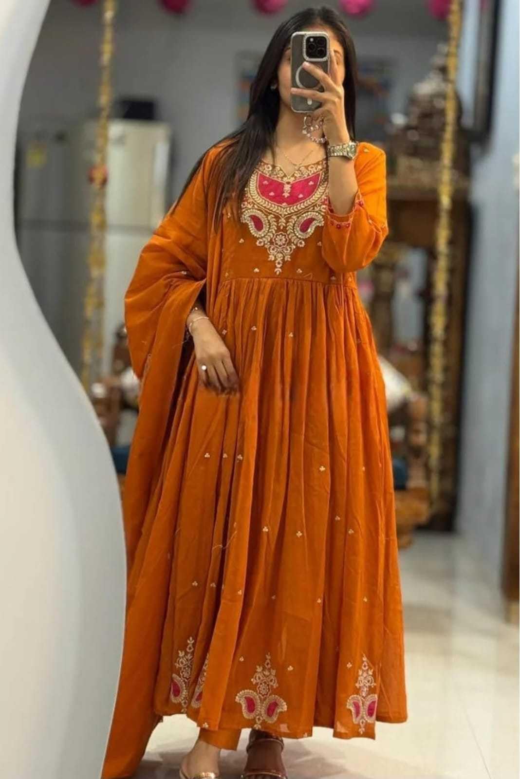 Women's Cotton Embroidered Anarkali Salwar Suit Set with Dupatta Set