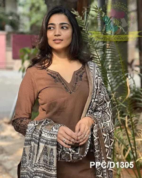 Women Pure Cotton Embroidery Straight Kurti with Pant & Dupatta Set (Brown)