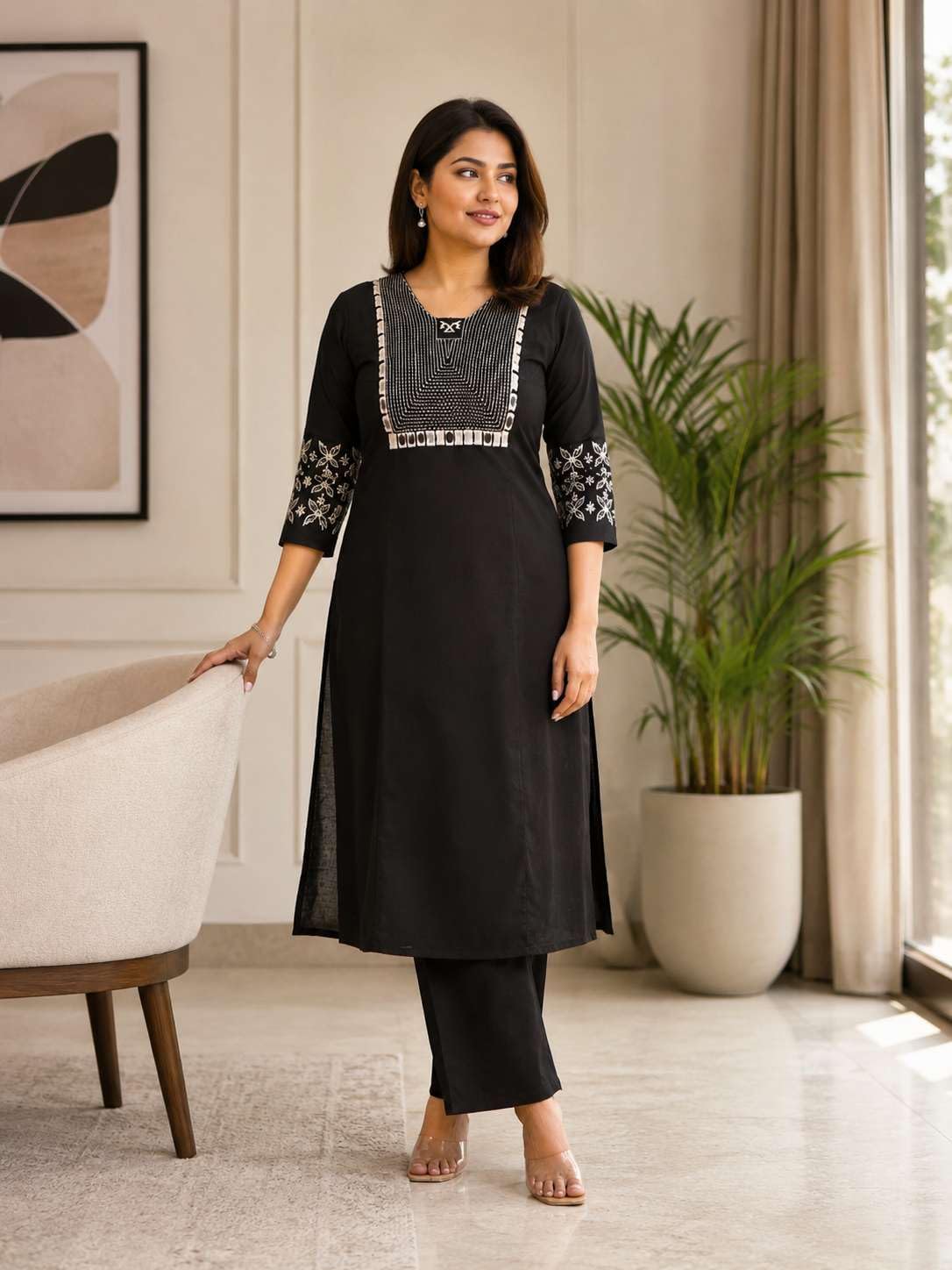 Women's Cotton Embroidery Straight Kurti With Pant Set