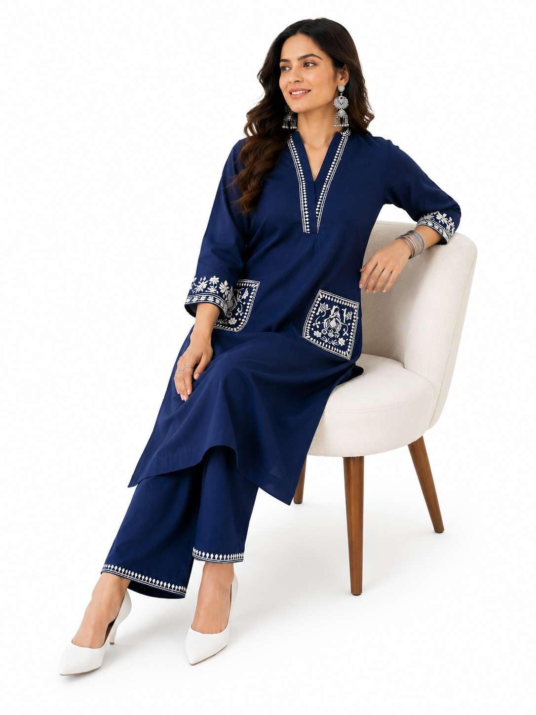 Women's Cotton Embroidery Straight Kurti With Pant Set