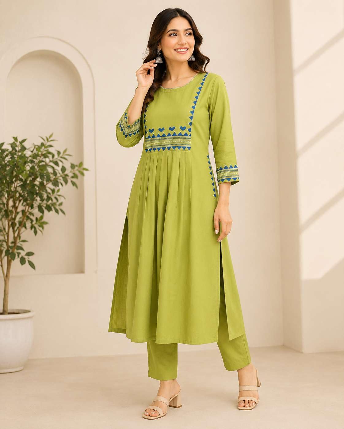 Women's Rayon Embroidered A-Line Kurti With Pant Set