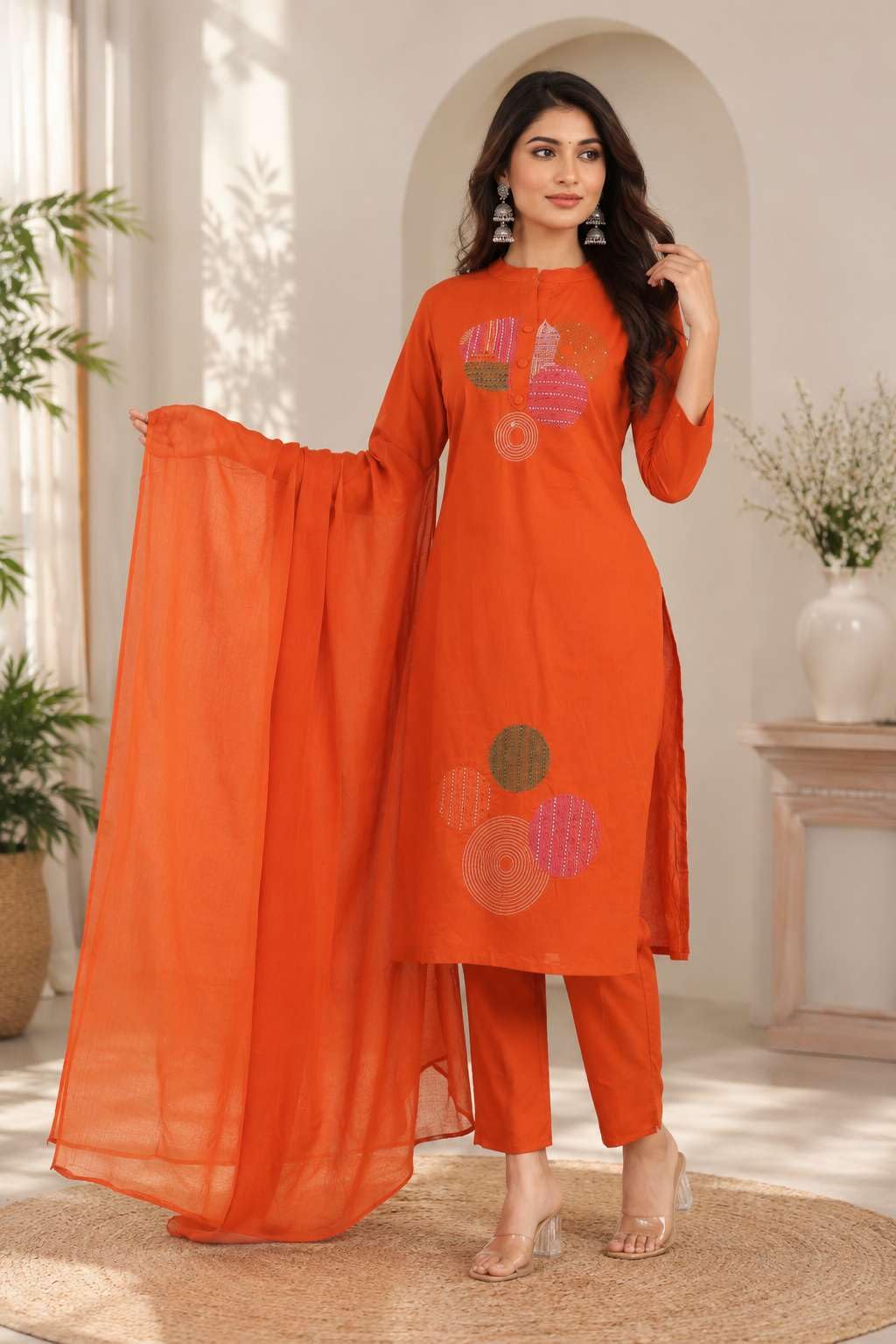 Women's Cotton Embroidery Straight Kurti With Pant Set