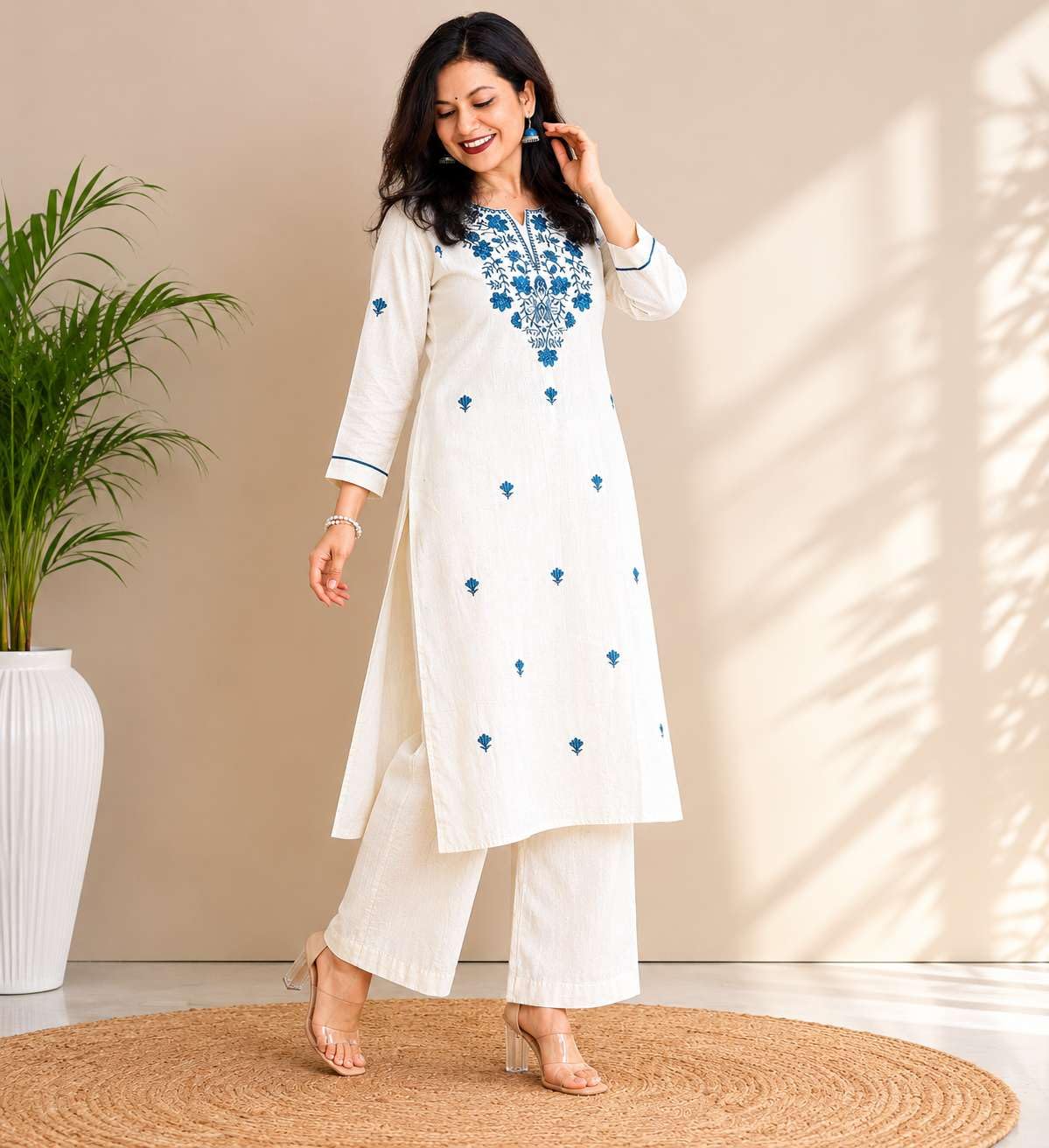 Women's Cotton Floral Embroidered  Straight Kurti With Pant -UG-11