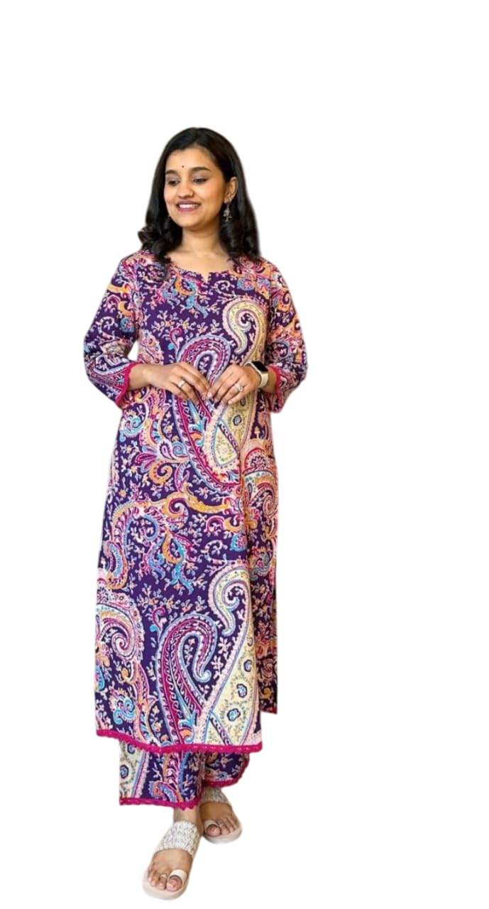 Women's Cotton Printed Straight Kurti with Pant Two Piece Co-ord Set