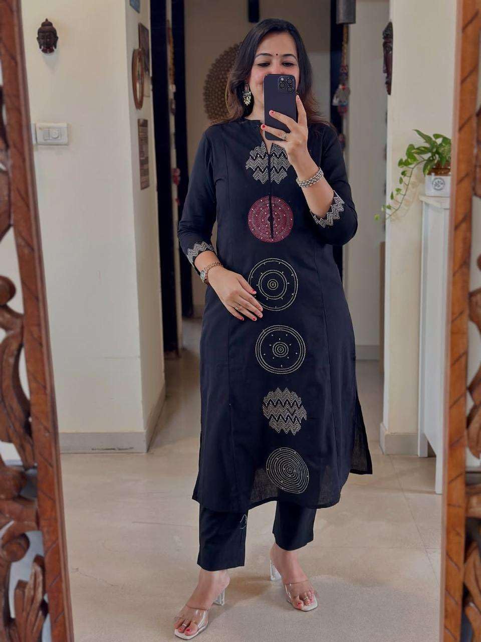 Women's Cotton Embroidered Straight Kurti With Pant And Dupatta Set