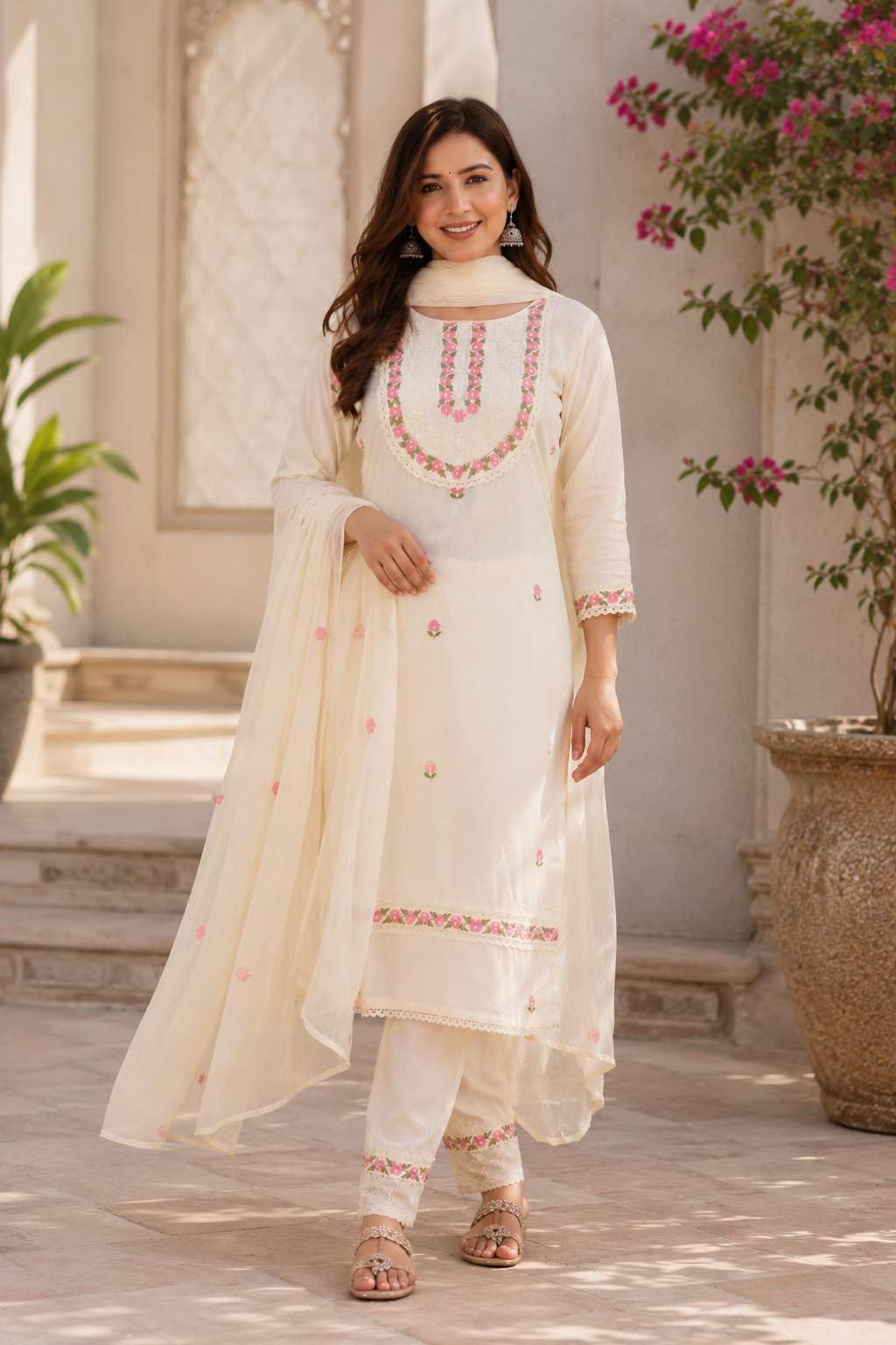 Women's Cotton Embroidery Straight Kurti With Pant Set