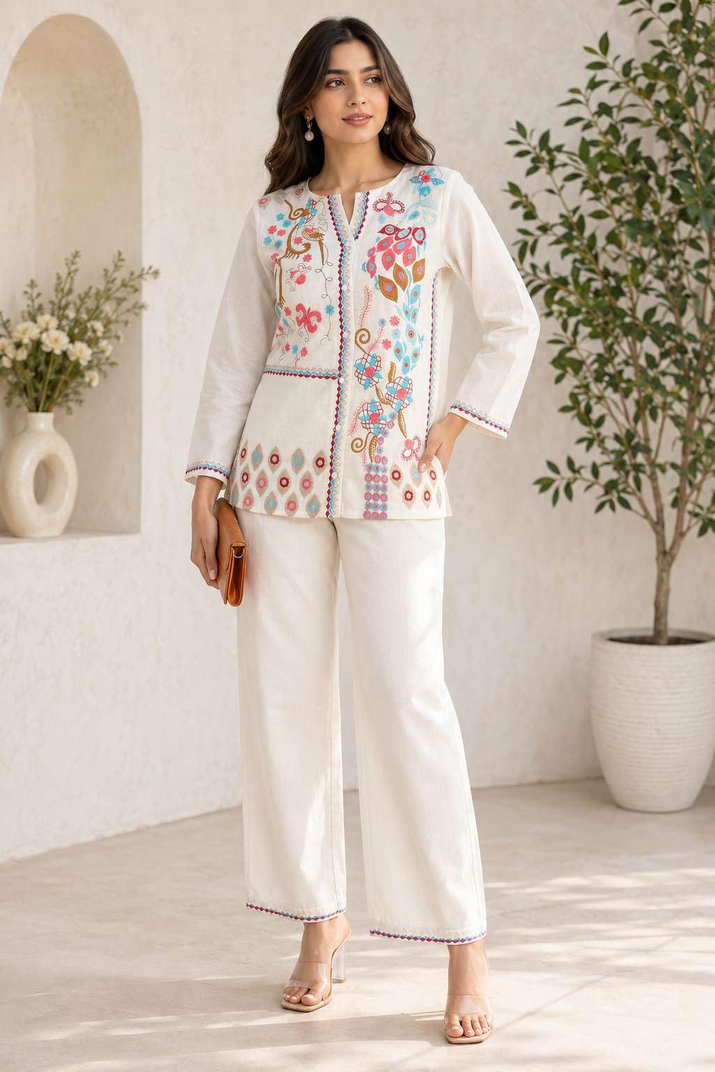 Women's Cotton Embroidery Straight Kurti With Pant Set