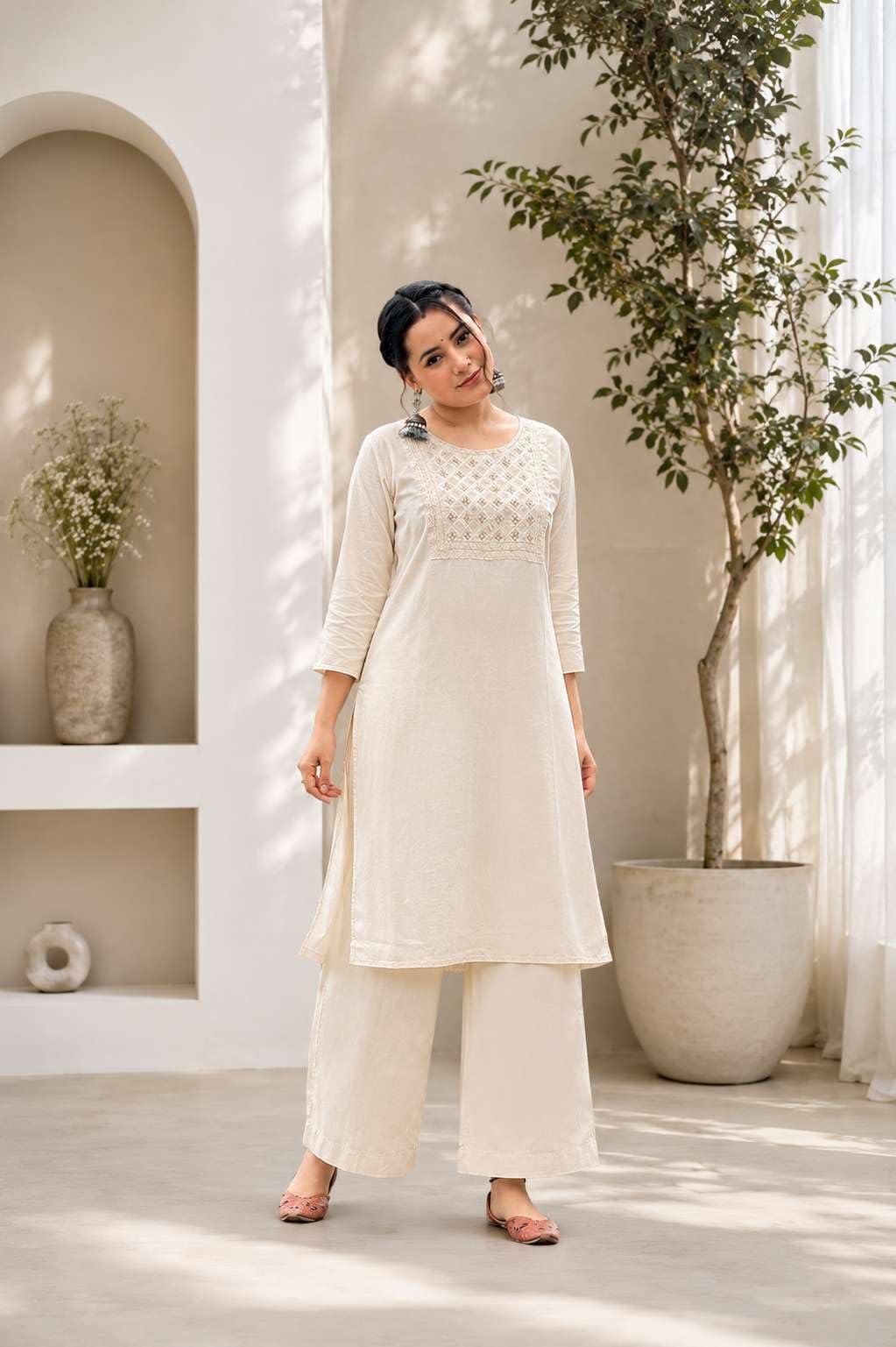 Women's Cotton Chanderi Print Straight Kurti with Pant